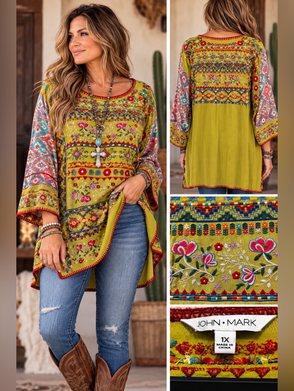 John Mark Lime Green Floral Embroidered Boho Tunic 1X